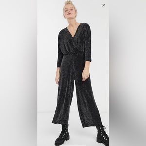 Monki Wrap Wide Leg Jumpsuit in Black Glitter